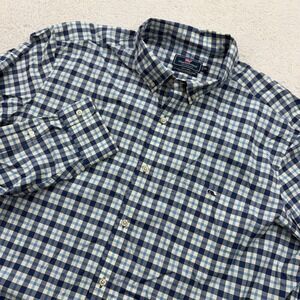 Vineyard Vines Performance Gingham Tucker Shirt Mens 2XL Blue White Long Sleeve